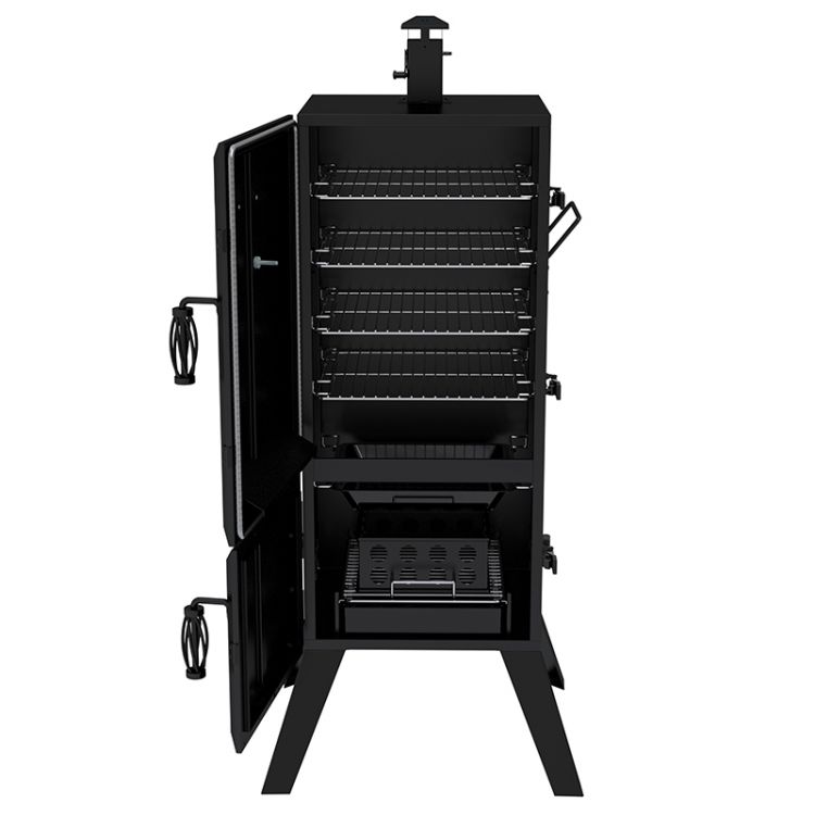 Dyna-Glo 36 inch Vertical Charcoal Smoker DGX780BDC-D open doors