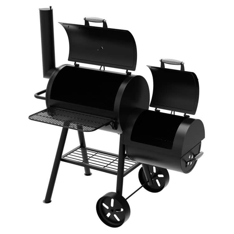 Open lid Dyna-Glo Signature Series Barrel Charcoal Grill and Offset Smoker - DGSS730CBO-D-KIT